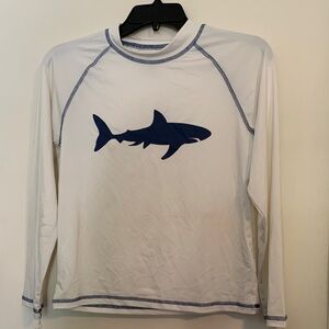 White Long Sleeve Rash Guard with Navy Shark Graphic